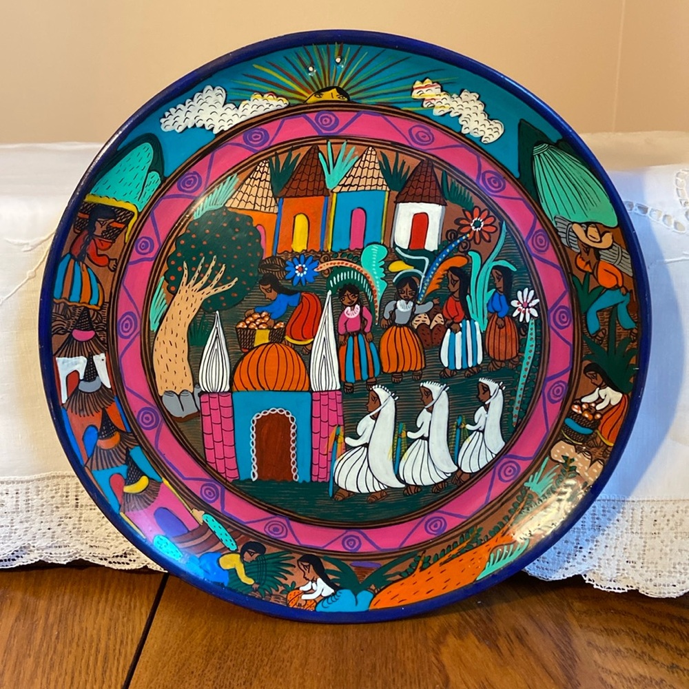 Mexican Talavera Plate Hand Painted on Terracotta Story Telling Plate Harvest